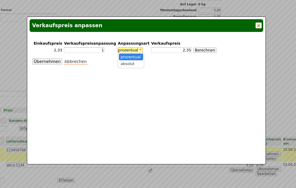 Dialog zur Detailanpassung des Verkaufspreises